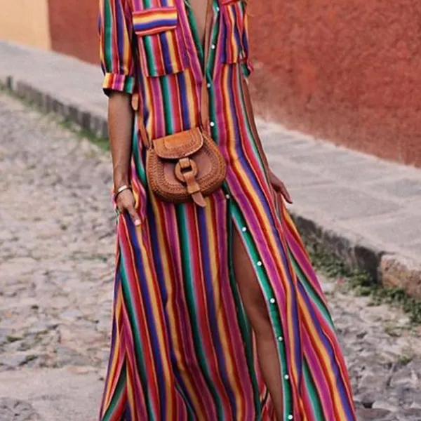 Button Down Collar Maxi Dress - Leanarea.chimpone.com 