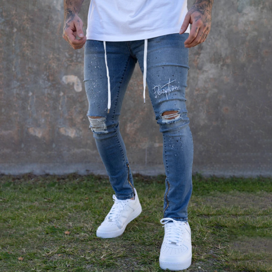 

Mens Slim Fit Ripped Feet Paint Tether Jeans