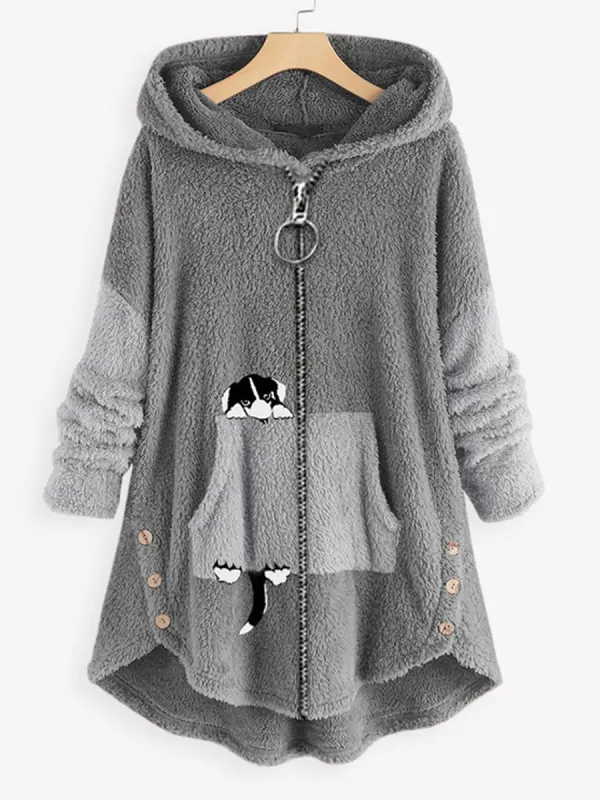 Manteau à Capuche Zippé Décontracté à Imprimé Chat Surdimensionné - Maxizero.chimpone.com 