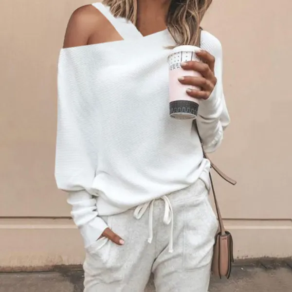 Fashion Sexy Shoulder Out Puff Sleeves Knit Blouse - Leanarea.chimpone.com 