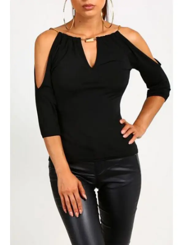 Open Shoulder V Neck  Hollow Out Plain T-Shirts - Luvyle.chimpone.com 