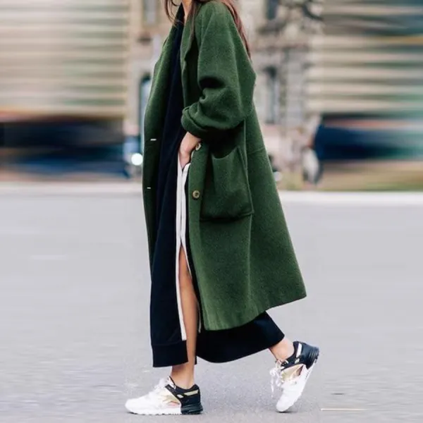 Women Plain Woolen Coat Warm Outerwear With Pocket - Leanarea.chimpone.com 