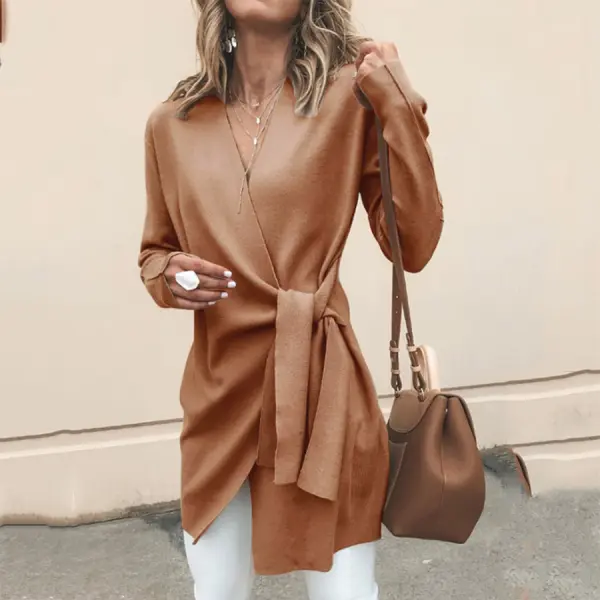 V Neck  Belt  Plain  Outerwear - Leanarea.chimpone.com 