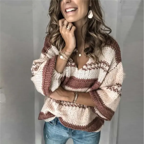 Loose v-neck colorblock knit top - Leanarea.chimpone.com 
