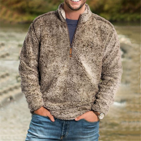 Mens casual plush pullover zipper sweater