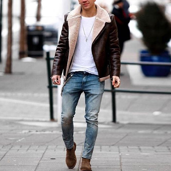 lapel velvet long sleeve leather jacket
