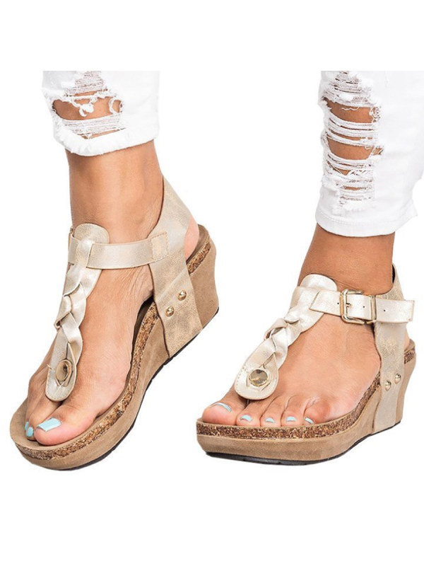Plain High Heeled Ankle Strap Peep Toe Casual Wedge Sandals - cominbuy.com