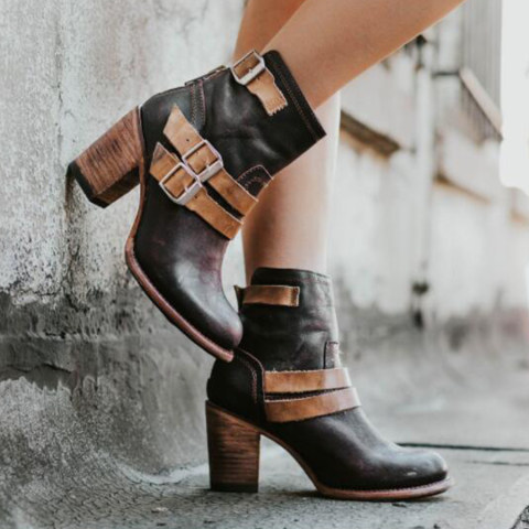 Color Block Chunky High Heeled Round Toe Date Outdoor Short High Heels Boots