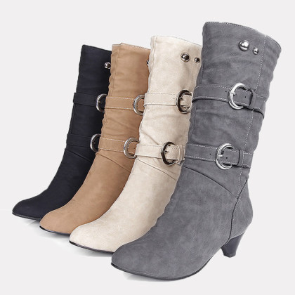Plain  Mid Heeled  Velvet  Round Toe  Casual Outdoor  Knee High High Heels Boots