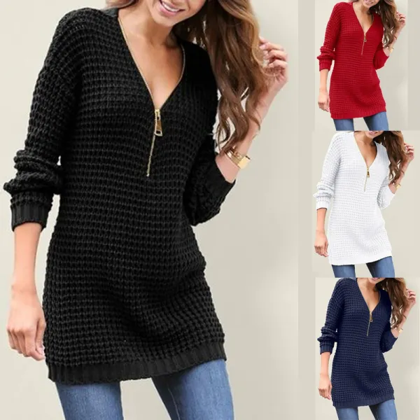 Zipper Sexy Deep V Neck Sweater - Leanarea.chimpone.com 