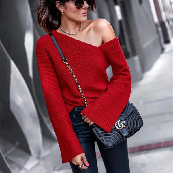 Autumn And Winter   Fashion Shoulder Pure Long Sleeve Sweater - Leanarea.chimpone.com 