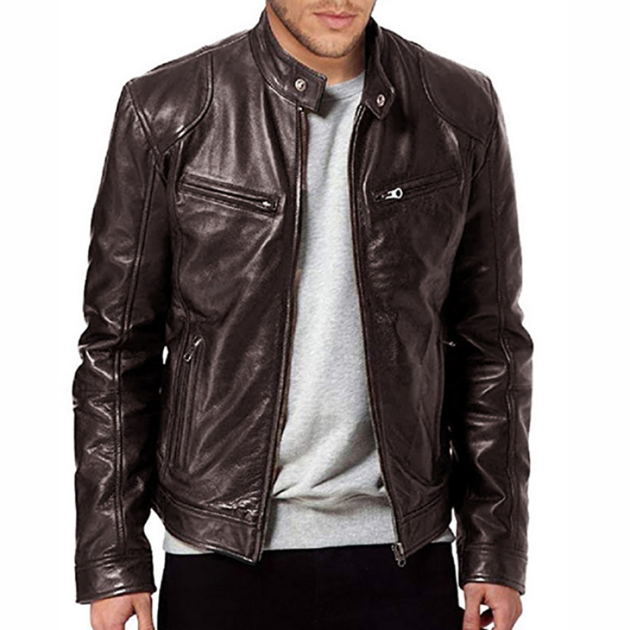 

Mens Stand Collar Slim Leather Jacket