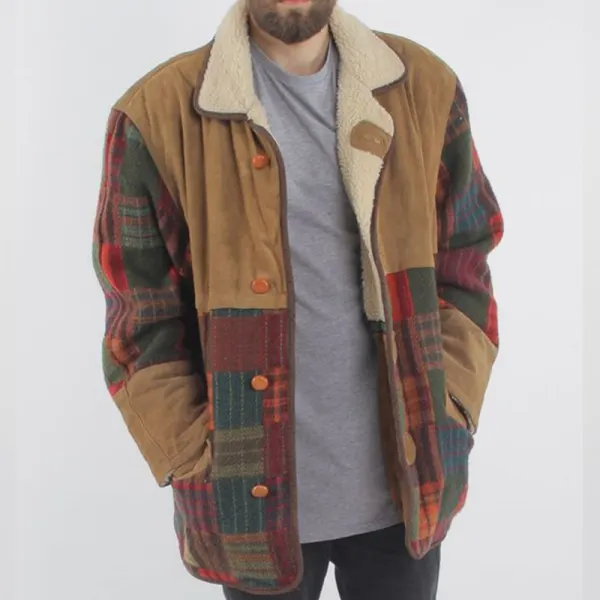 Mens Plaid Two-Color Splicing Long Plush Coat - Leanarea.chimpone.com 