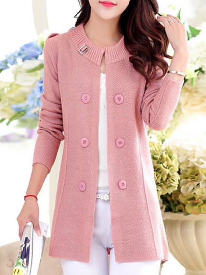 Round  Neck  Elegant  Plain  Long Sleeve  Knit Cardigan