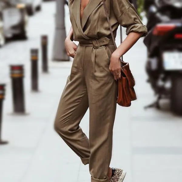 Army Green Stylish V - Collared Early Autumn Jumpsuit - Leanarea.chimpone.com 