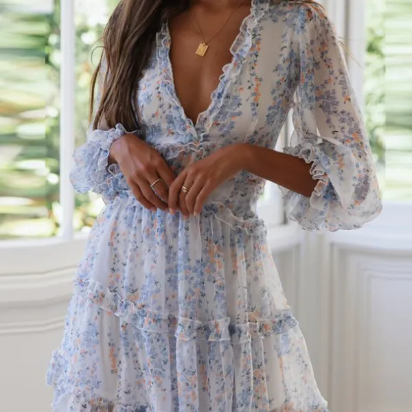V-Neck Print Stitching Wooden   Ear Long Sleeve Mini Dress - Leanarea.chimpone.com 