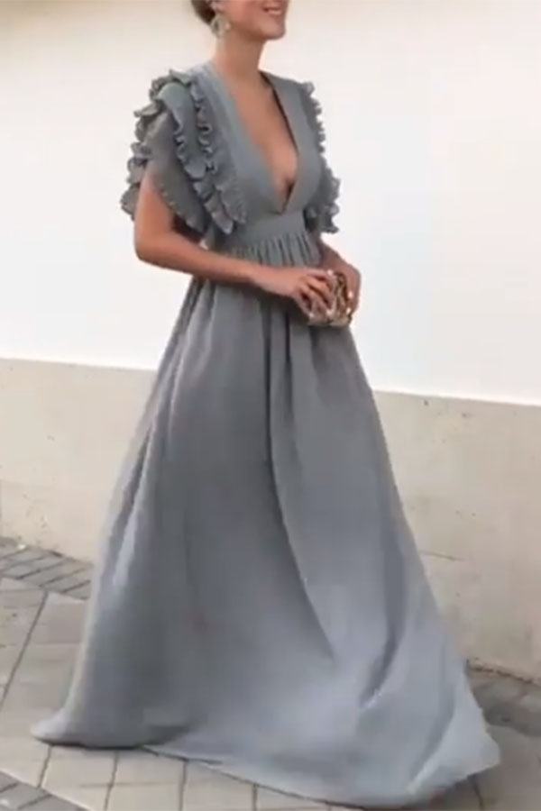 sexy gray v neck short sleeves maxi dress