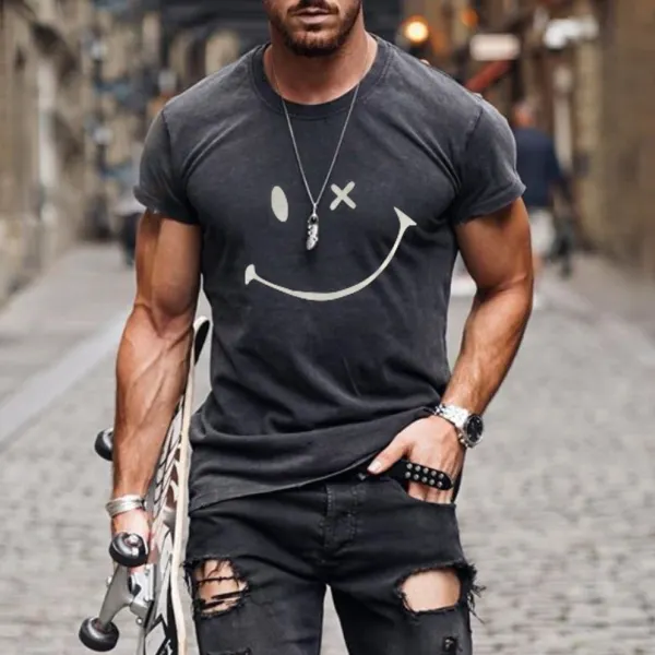 Mens Fashion Washing Short Sleeve Smiley T-shirt - Senttea.chimpone.com 
