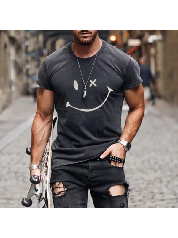 Mens Fashion Washing Short Sleeve Smiley T-shirt - Plazabery.chimpone.com 