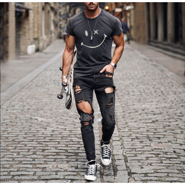 Mens Fashion Washing Short Sleeve Smiley T-shirt - nicheten.com