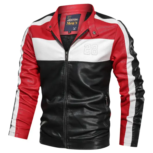 MenS Slim Trend Color Block Collar Leather Jacket - Styletaken.chimpone.com 