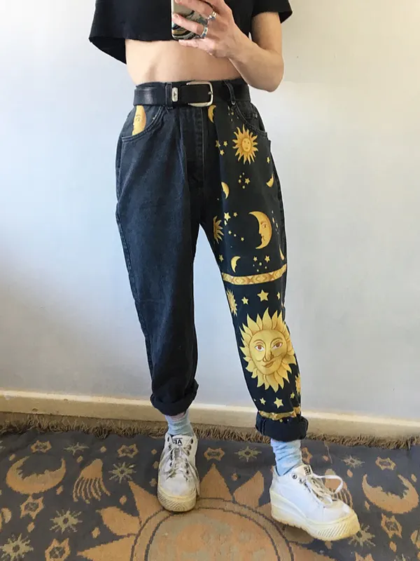 New Trend Sun And Moon Printed Jeans - Inkshe.com 