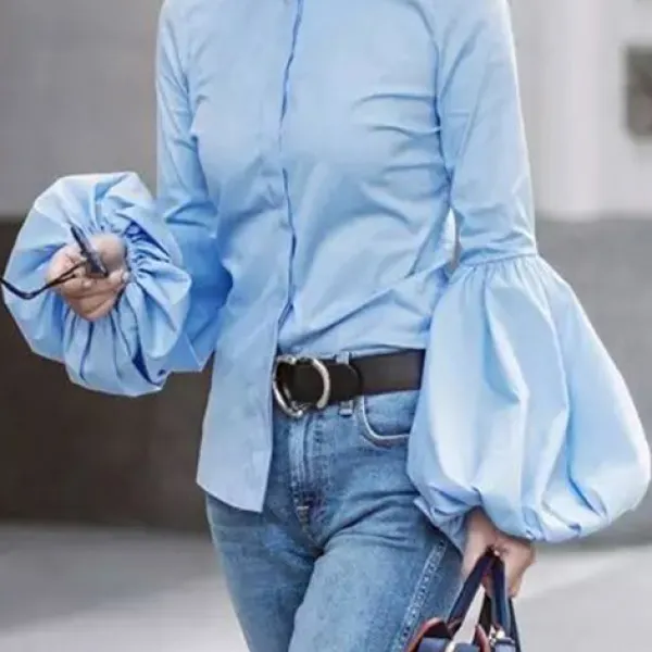 Elegant Fashion Slim Plain High Collar Long Sleeve Puff Cuff Button Front Blouse - Leanarea.chimpone.com 