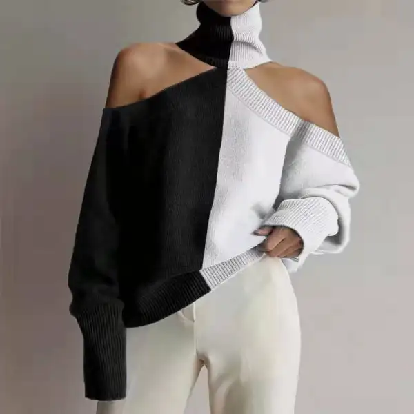 Fashion High Collar Off Shoulder Color Block Sweater - Leanarea.chimpone.com 