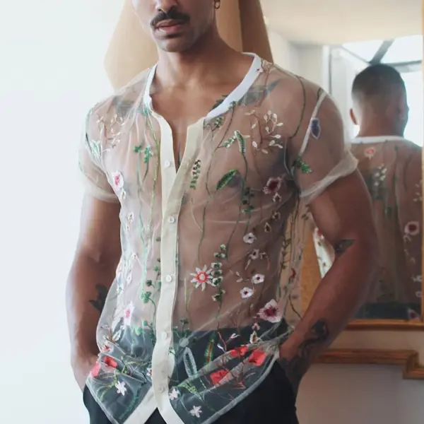 Sexy See-Through Embroidery Slim Fit Shirt - Leanarea.chimpone.com 