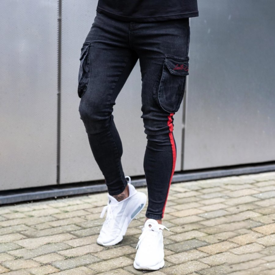 

Mens White Webbing Slim-Fit Ripped Jeans