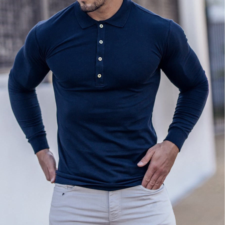 

Classic Navy Blue Long Sleeve Button Polo Shirt