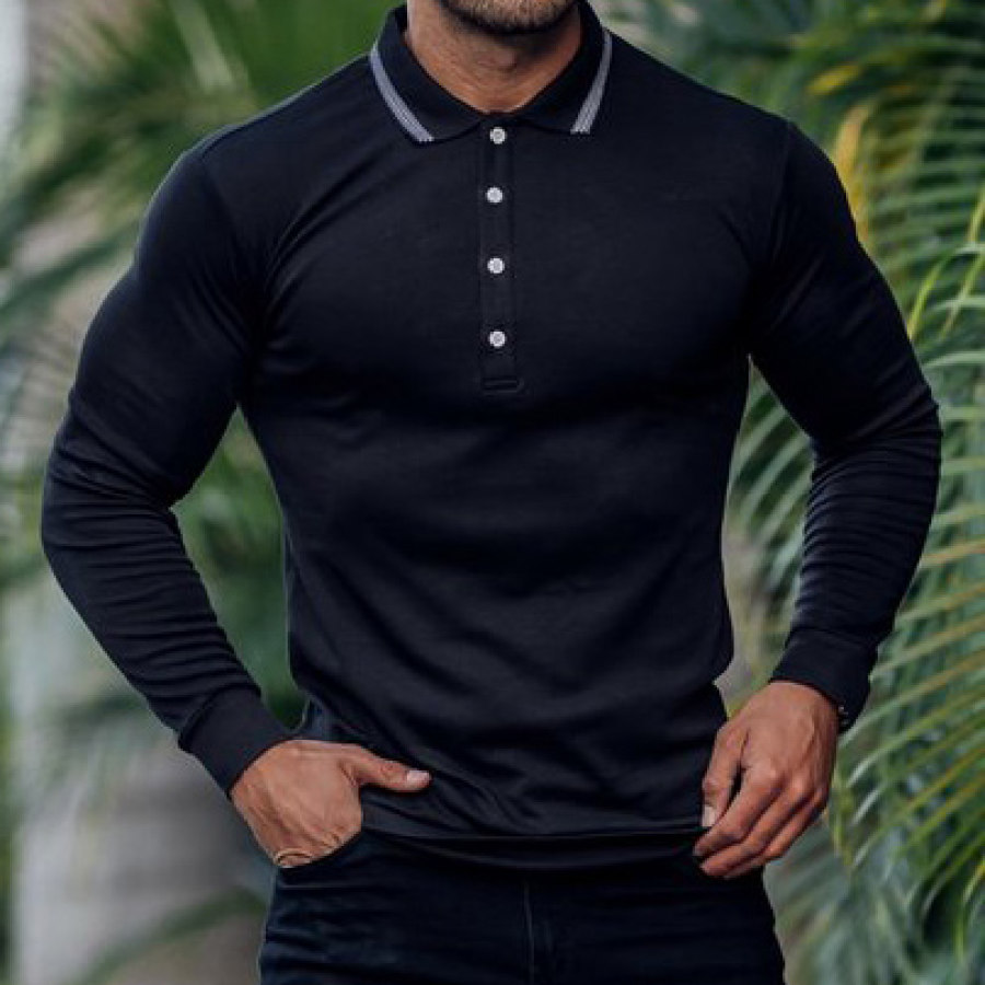 

Classic Black Ribbed Polo Shirt Long Sleeves