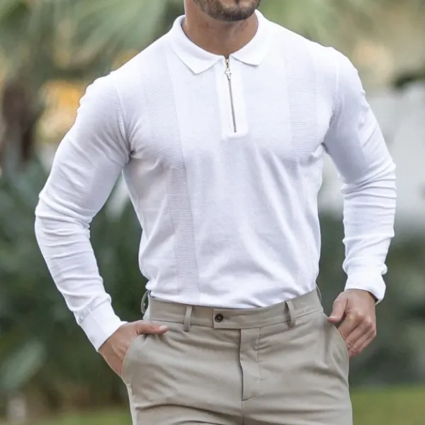 Classic White And Gold Zip Knit Long Sleeve Polo Shirt - Menilyshop.com 