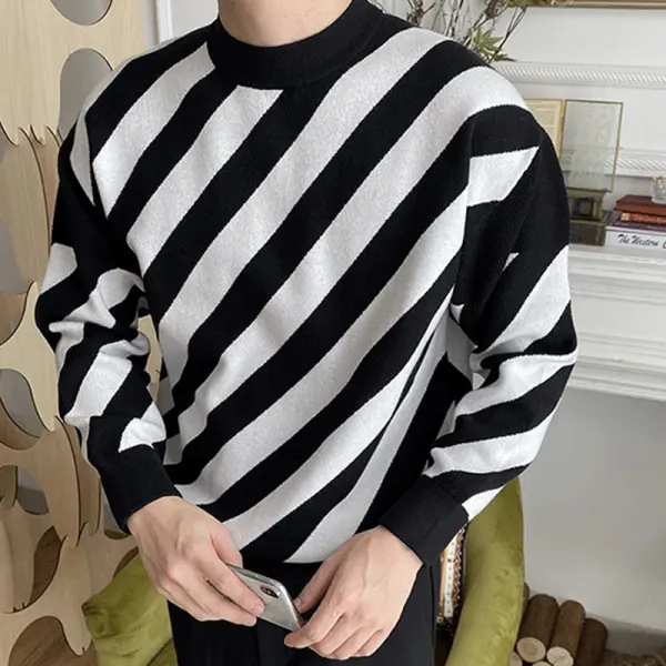 Round Neck Business Casual Long-sleeved Striped Knitted Sweater - Menilyshop.com 