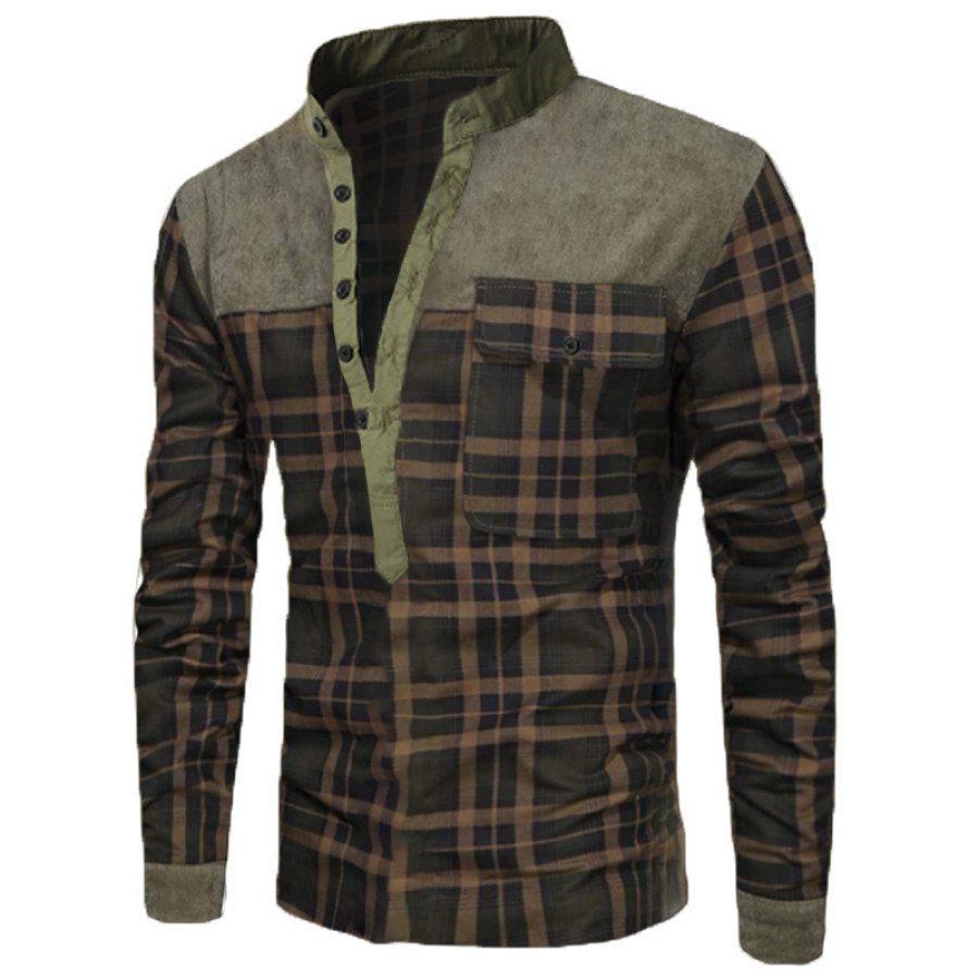 

Men's Outdoor Casual Stitching Plaid Tactical Henry Collar Shirt