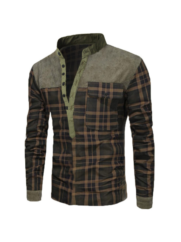 Men's Outdoor Casual Stitching Plaid Tactical Henry Collar Shirt