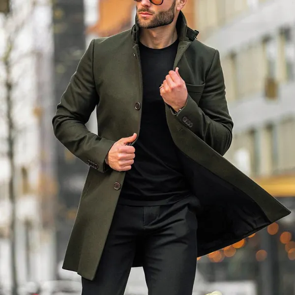 Stand-up Collar Solid Color Long Woolen Coat Jacket - Rianman.com 