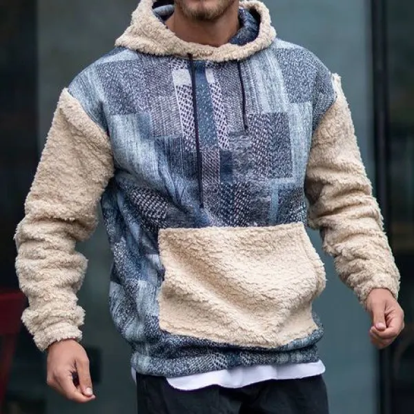 Graphic Print Stitching Polar Fleece Hooded Sweatshirt - Stormnewstudio.com 