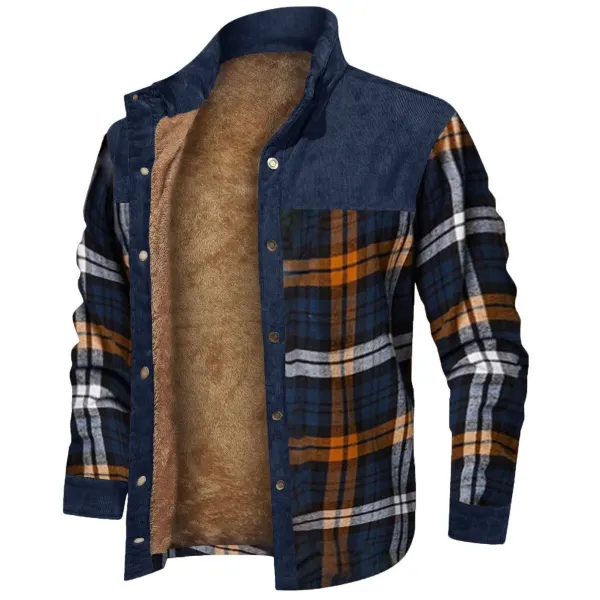 Men's Retro Check Stitching Fleece Warm Shirt Jacket Wanderer Jacket - Fineyoyo.com 