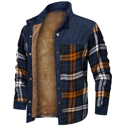 Men's Retro Check Stitching Fleece Warm Shirt Jacket Wanderer Jacket