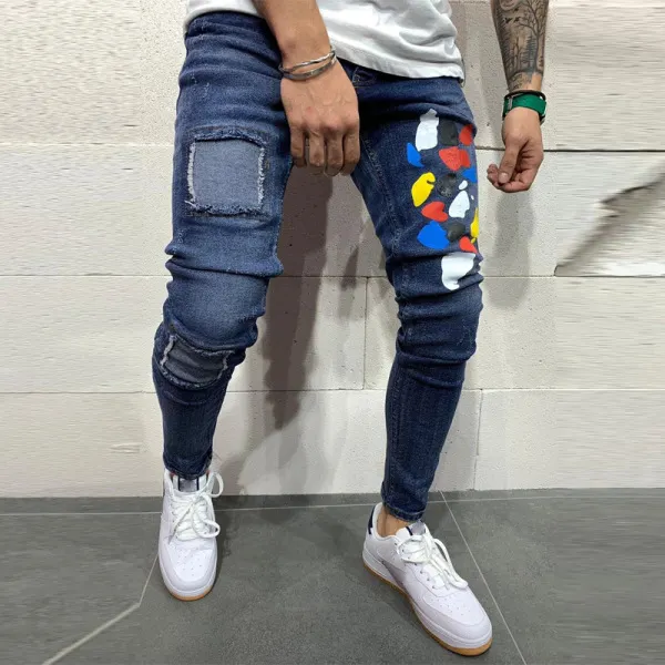 Men's patch print design casual denim trousers - Leanarea.chimpone.com 