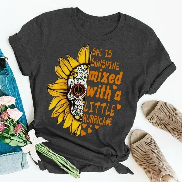 Skull sunflower print short sleeve t-shirt - Leanarea.chimpone.com 