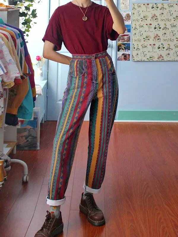 Women's Fashion Multicolor Striped Straight Pants - Inkshe.com 