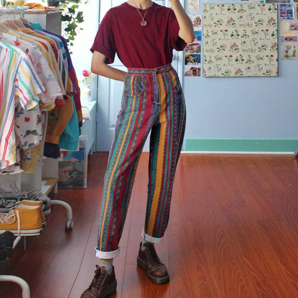 multicoloured striped trousers