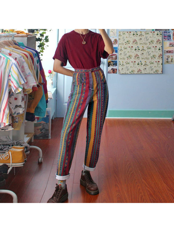 Women's Fashion Multicolor Striped Straight Pants - Inkshe.com 