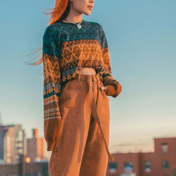 Women's Casual Round Neck Printed Color Lumbar Short Sweater - Kalesafe.com 