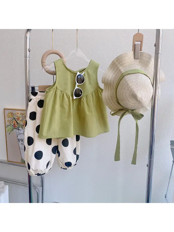 【18M-9Y】3-piece Girls' Green Top And Polka Dot Pants Set With Hat - Smilemay.chimpone.com 