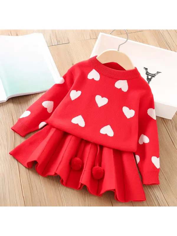 【18M-7Y】2-Piece Girls Fashion Heart Shape Long Sleeve Sweater And Pleated Skirt Set - Smilemay.chimpone.com 