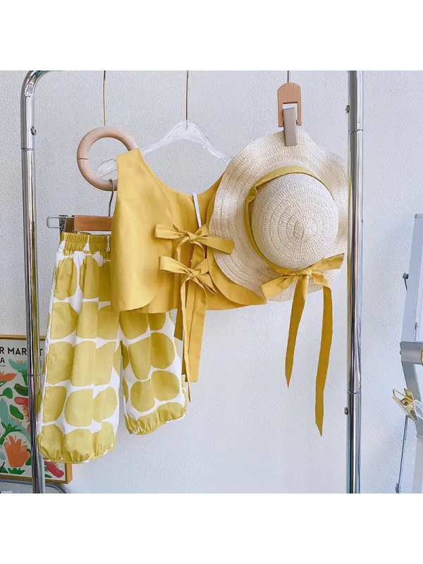 【18M-9Y】3-piece Girls' Yellow Polka Dot Backless Top And Pants Set With Hat - Smilemay.chimpone.com 