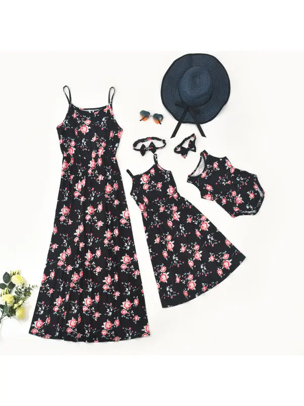 Round Neck Sleeveless Suspender Flower Print Mommy Girl Dress - Smilemay.chimpone.com 